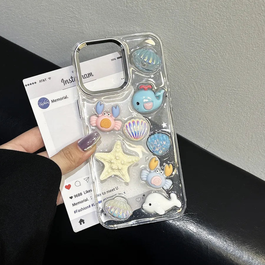 Ocean Life iPhone 15 Pro Max Phone Case Women's Style Drip Glue Protective Cover Personalized Design Handmade TPU Transparent Black