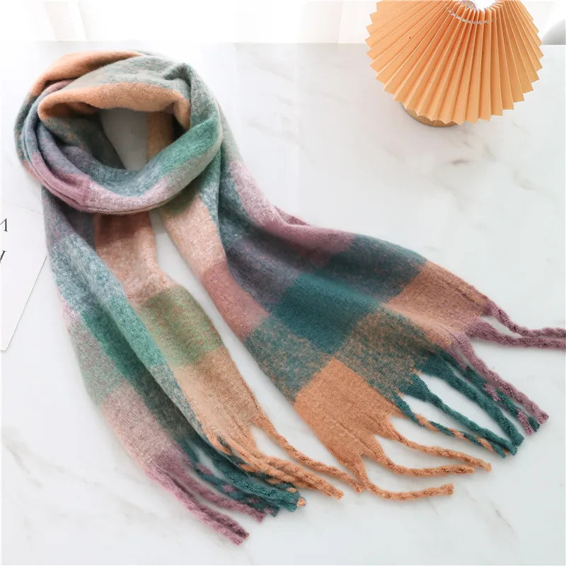 women's casual plaid imitation cashmere tassel scarf