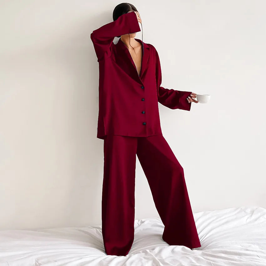 women's fashion solid color imitated silk polyester pants sets