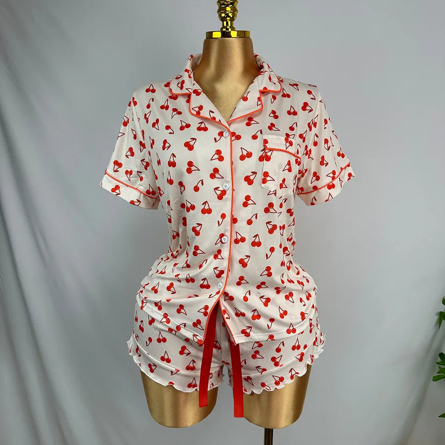 Women's Summer Sleepwear Short Sleeve Turn-down Collar Shorts Two-piece Set Casual Breathable Home Clothes European Style