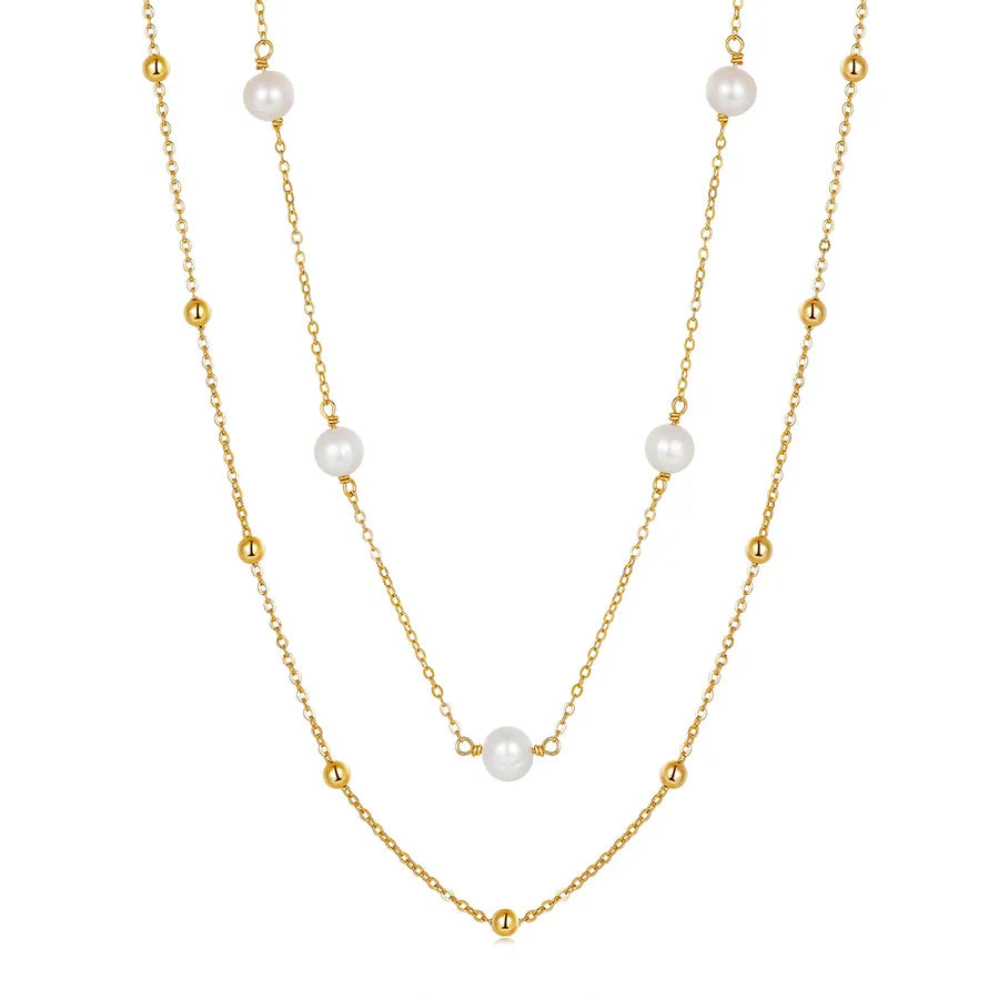 925 Sterling Silver Freshwater Pearl cable chain Plating Geometric Double Layer Necklaces Pendant Necklace Necklace