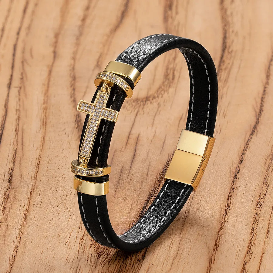 Retro Punk Simple Style Cross 316L Stainless Steel  Leather rope Women's Men's Bracelets Men Cord & Leather Bracelets