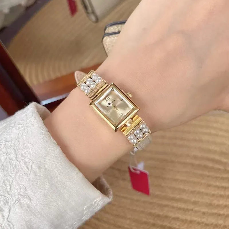 Luxurious Pearl Women's Watch Genuine Leather Strap Quartz Movement Square Face Fashionable Minimalist Design New  Model