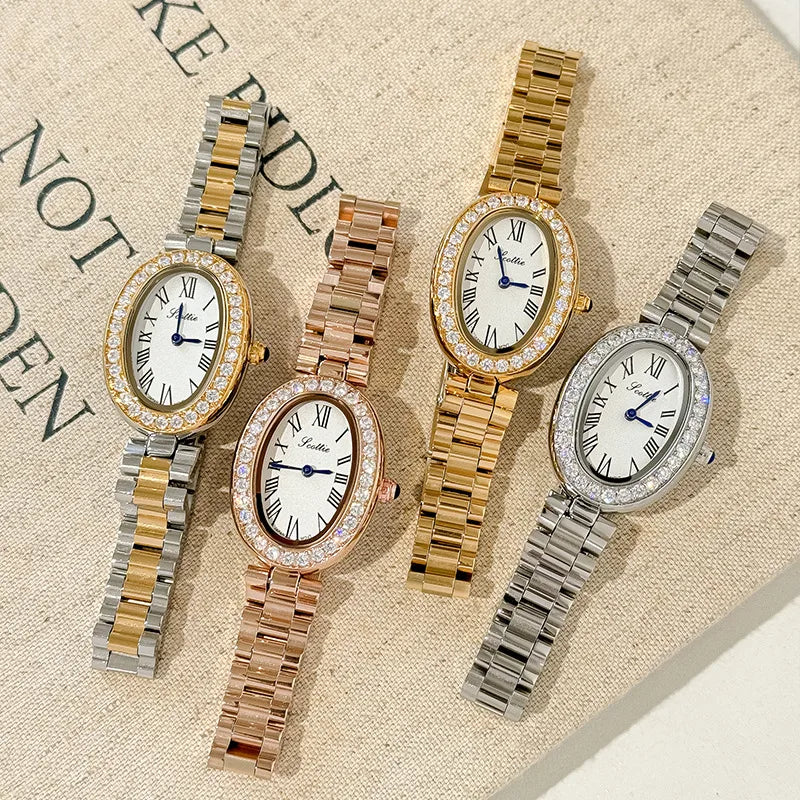 Elegantly Crafted Roman Steel Band Quartz Watch For Women Small Dial Oval Shape Diamond Embedded Fashionable Timepiece