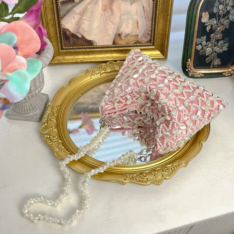 Women's Small Silk Geometric Elegant Beading Pearls Dumpling Shape Zipper Shoulder Bag
