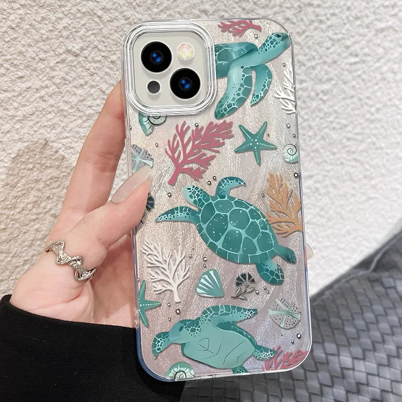 Blue Green Turtle Starfish Phone Case Compatible With Apple 16promax 15Plus 14 Personalized 13 12 Sets Cute Frosted PC Shell