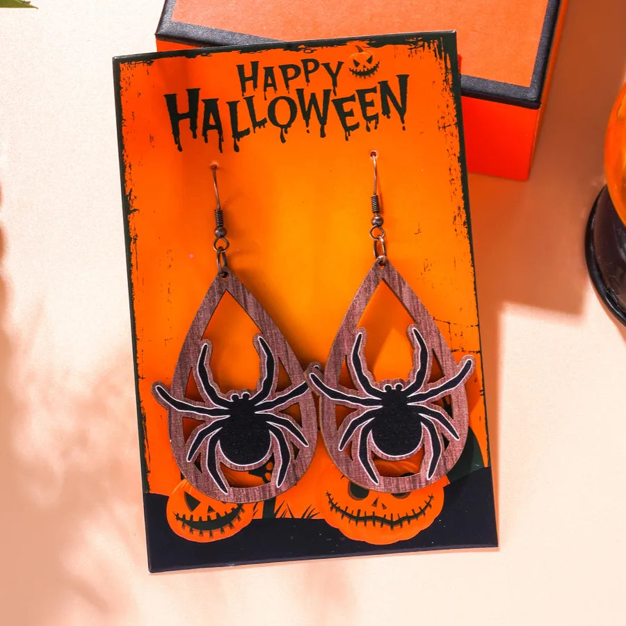 1 Pair Halloween Hip-Hop Funny ghost Spider Skull Wood Drop Earrings