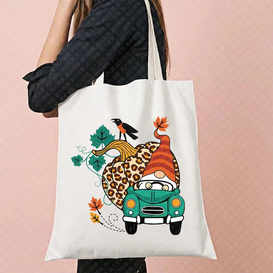 Halloween Movie Pattern Canvas Tote Bag Reusable Shopping Shoulder Bag Travel Large Square Printed Handbag Retro Style Women