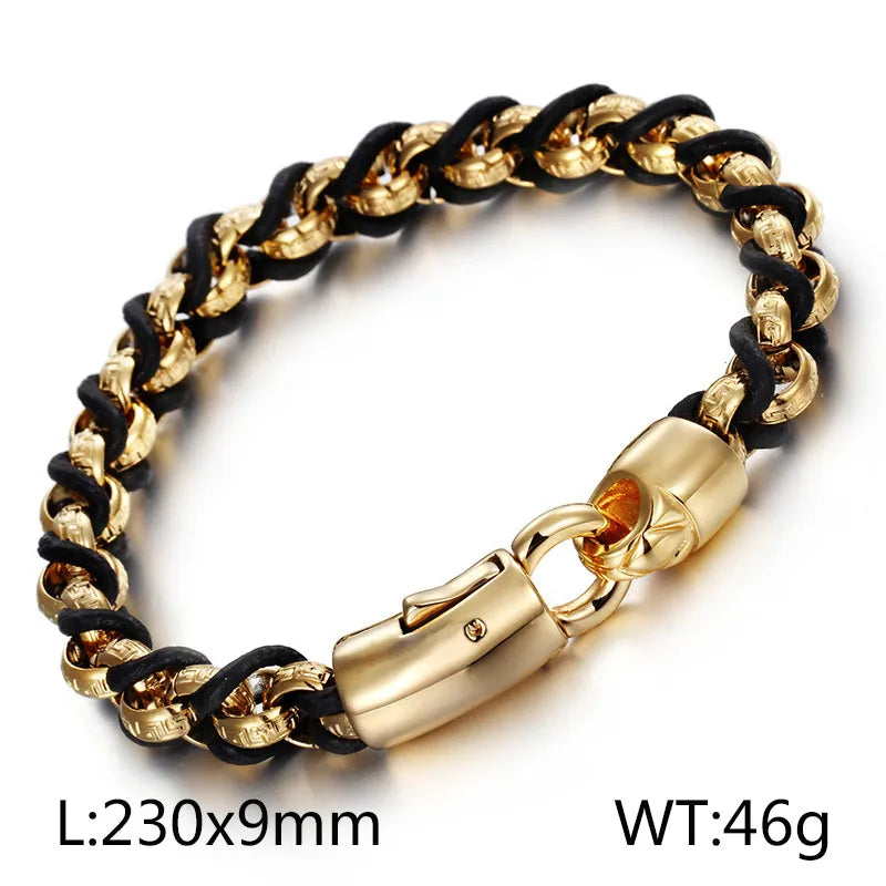 Hip-Hop Retro Color Block Pu Leather Titanium Steel Plating 18K Gold Plated Men's Bracelets