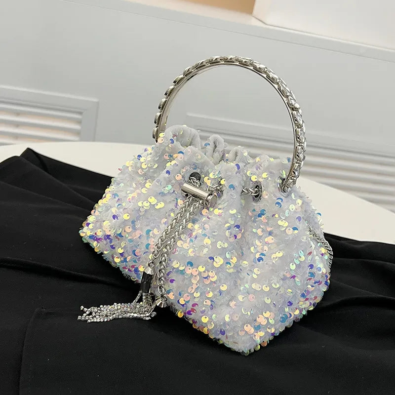 women's small spring&summer pu leather solid color fashion sequins bucket string bucket bag