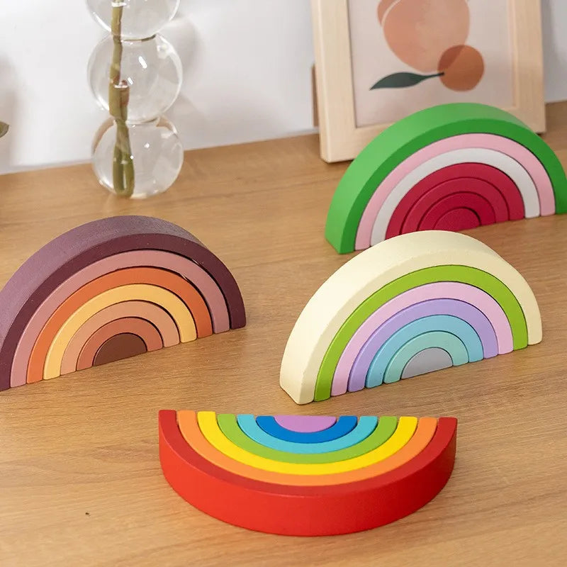 Wooden Rainbow Arch Bridge Semi-Circular Building Blocks Rainbow Display Piece Curved Board Colorful Shape Rainbow Man Stacking Toy