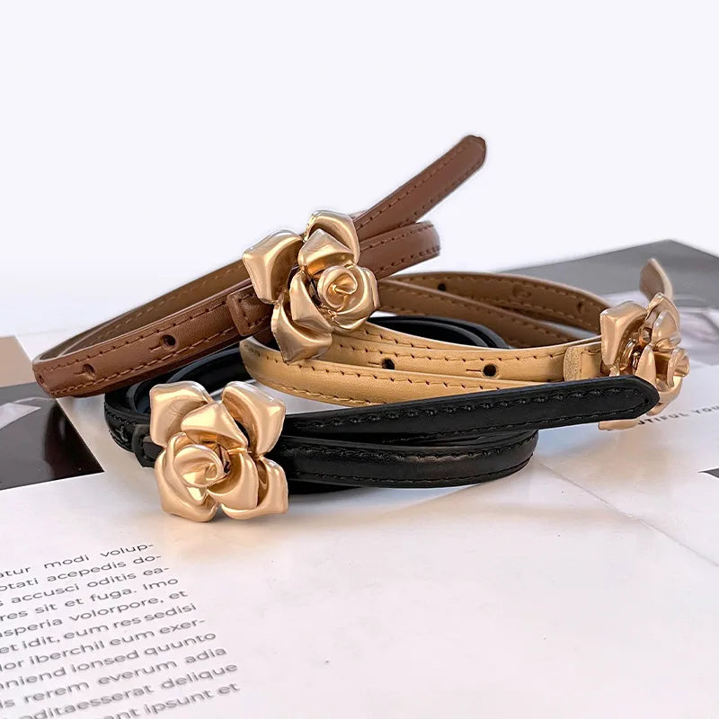 New Genuine Leather Women's Thin Belt Women's Flower Waist Slim Cowhide Women's Belt with Sweater Dress