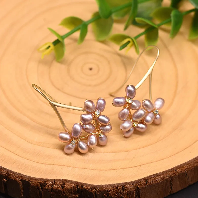 1 Pair 18K Gold Plated Freshwater Pearl Copper Zircon Flower Drop Earrings