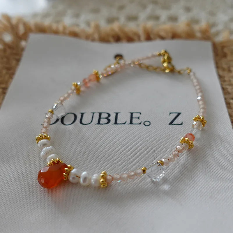Retro Japanese Style Geometric natural stone Freshwater Pearl Agate Pendant Necklace In Bulk