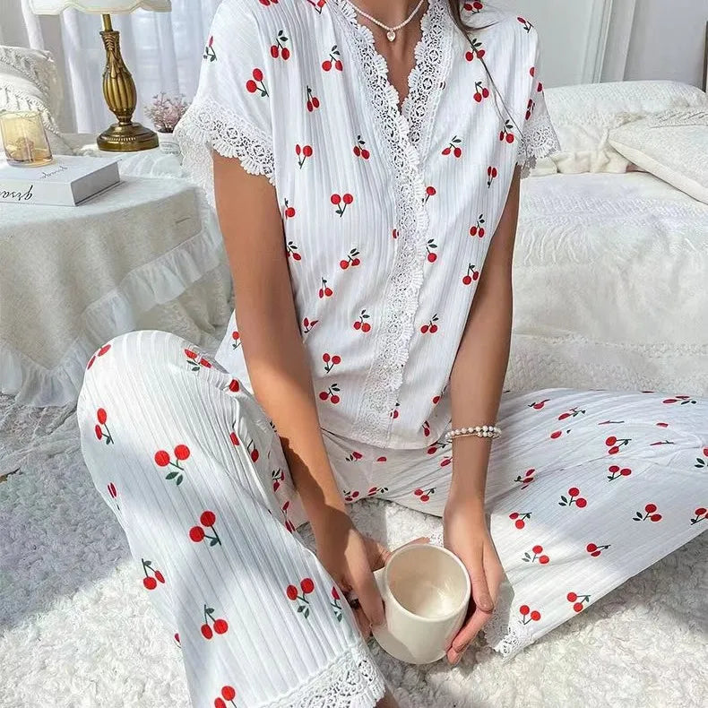 Hot-selling Home Clothes Cherry Printed Long-sleeved Lapel Pajamas Women's Outer Wearing Pants Two-piece suit