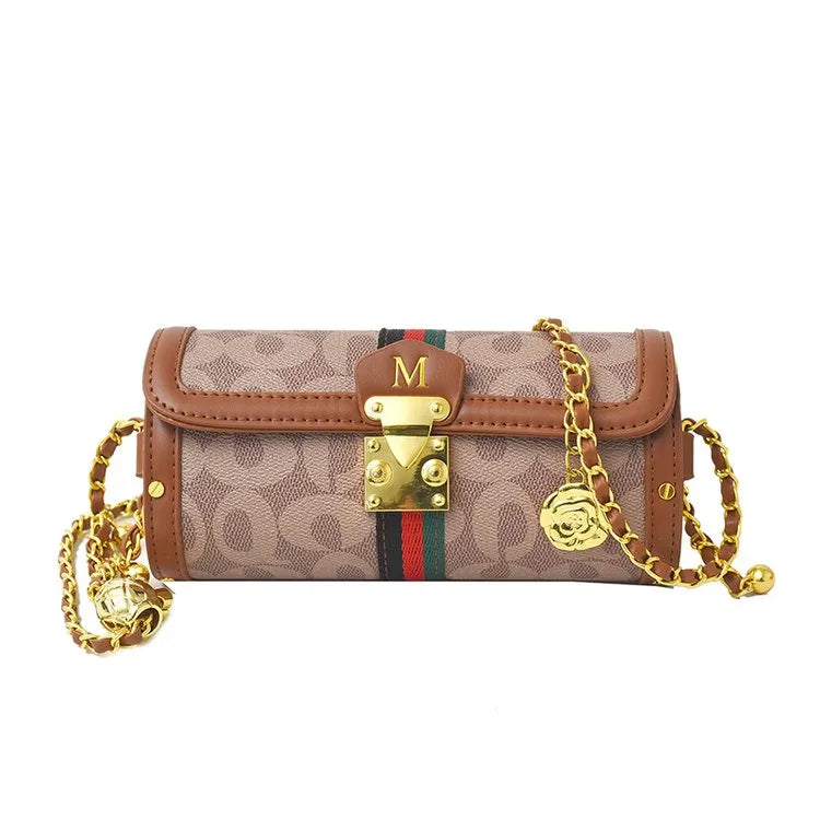 Women's Pu Leather Letter Color Block Elegant Streetwear Cylindrical Flip Cover Lock clasp Shoulder Bag