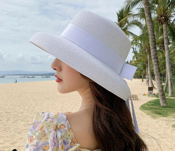 women's classic style bow knot braid curved eaves straw hat