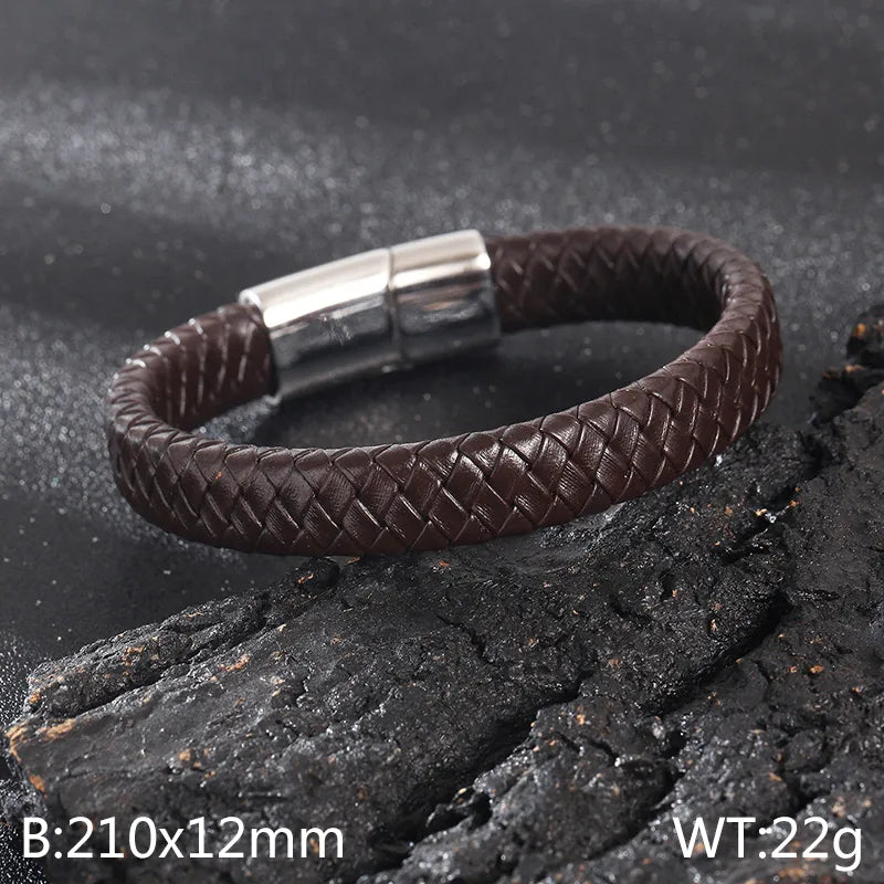 Business Retro Solid Color Stainless Steel Leather 18K Gold Plated Men's Bangle