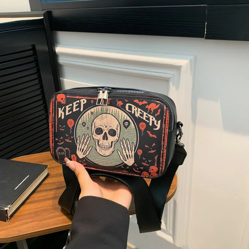 Halloween Women's Pu Leather Pumpkin Letter Ghost Streetwear Square Zipper Shoulder Bag Crossbody Bag