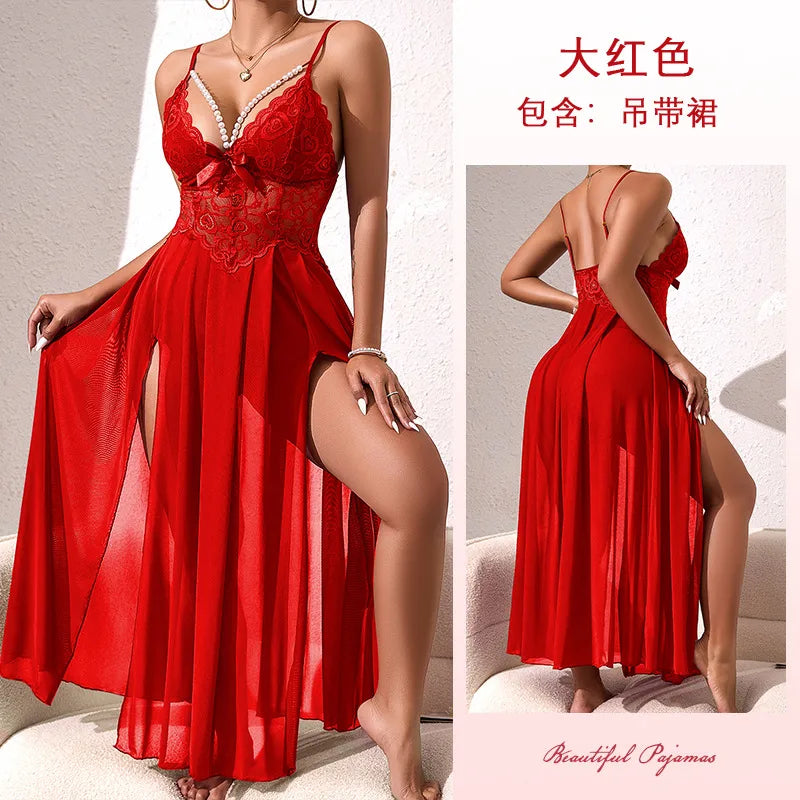 New Pearl Trimmed Backless Sleep Dress Multicolored Sexy Mesh Side Slit Seductive Strap Gown Irresistible Summer Nightgown
