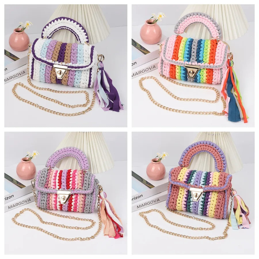 INS Internet Celebrity  Hot Selling Hand Crocheted Women's Bag, Contrast Color Cloth Stripe Woven Crossbody Bag, Rainbow Color Shoulder