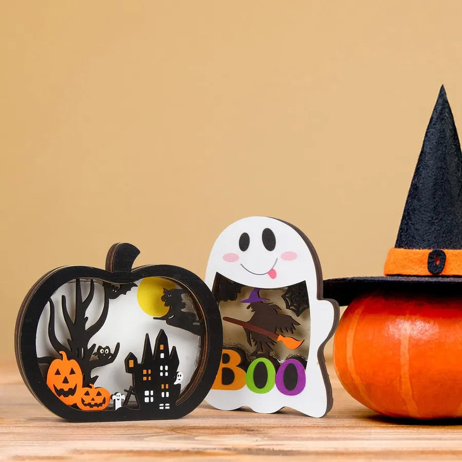 Wooden Glowing Pumpkin Lanterns Halloween Decorations Tabletop Accessories Party Centerpiece Simple Style Yellow Pine Wood