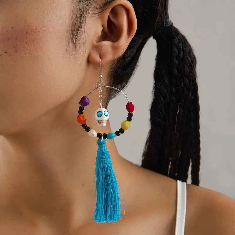 Creative Halloween Skull Tassel Earrings  Style Funny Geometric Pattern Handmade Alloy Women's Jewelry