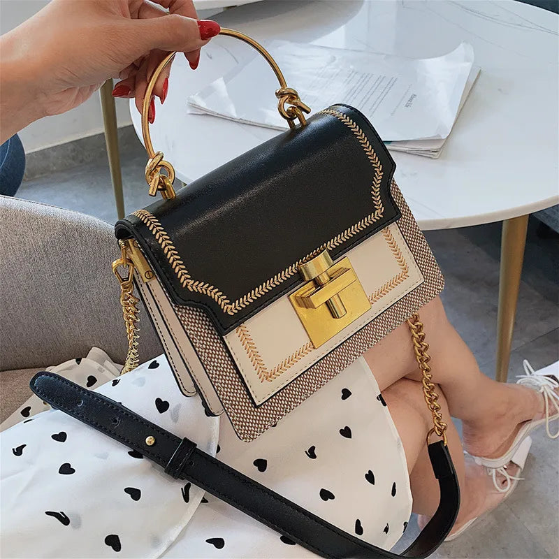 women's small pu leather color block fashion square lock clasp handbag