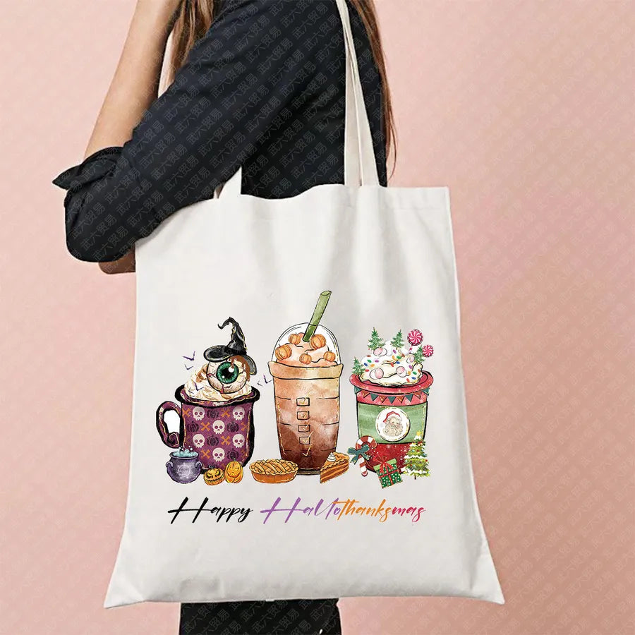 Halloween Movie Pattern Canvas Tote Bag Reusable Shopping Shoulder Bag Travel Large Square Printed Handbag Retro Style Women