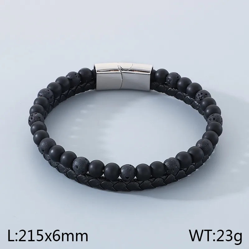 Business Geometric 304 Stainless Steel Microfiber Leather Men's Bangle Men Beaded Bracelets
