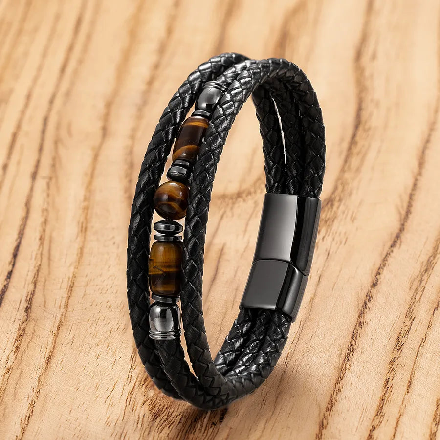Fashion Tigereye Beaded Bracelet Men's Multi-Layer Woven Leather Personality Stainless Steel Buckle Bracelet Retro Easy Matching Jewelry