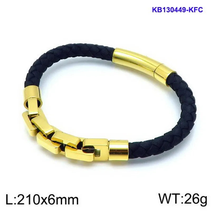 Hip-Hop Retro Color Block Pu Leather Titanium Steel Plating Chain 18K Gold Plated Men's Bangle