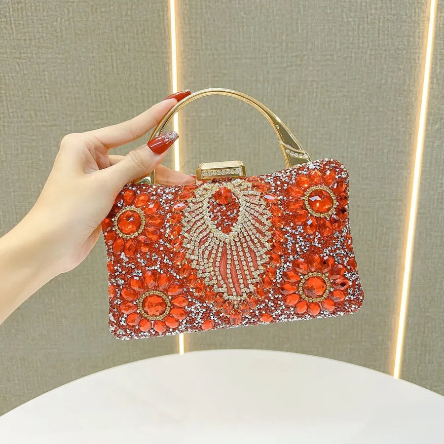 New Heavy Work Diamond Embedded Evening Bag Women's Wedding Banquet Match Cheongsam Handbag Square Shape Single Shoulder Strap