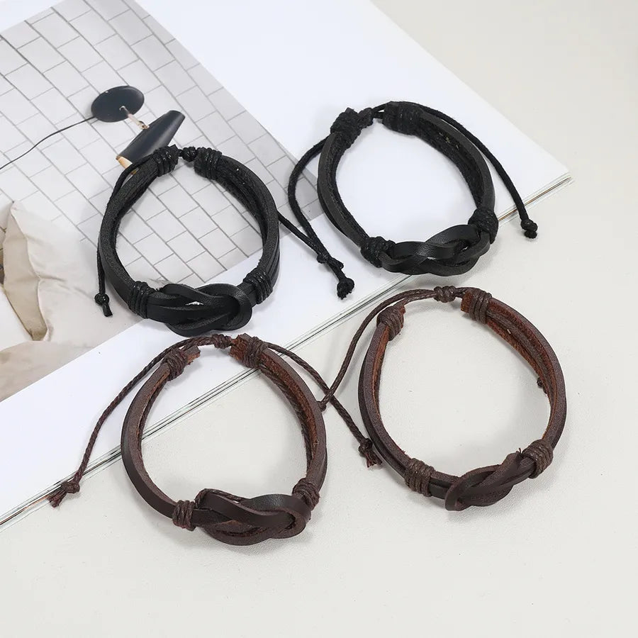 retro simple style knot pu leather wax rope men's wristband