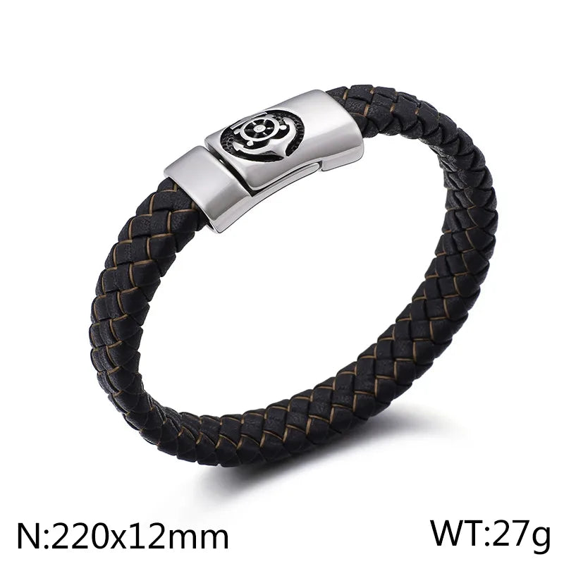 hip-hop retro color block pu leather titanium steel braid men's bangle