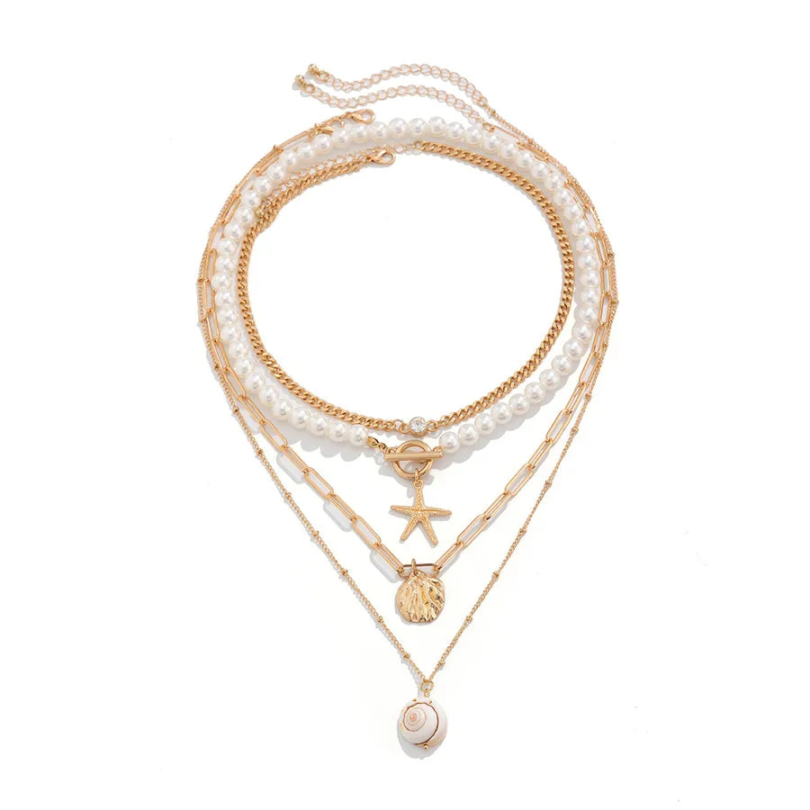 Beach Starfish Shell Imitation Pearl Alloy Iron Beaded Chain Layered Necklaces Wholesale