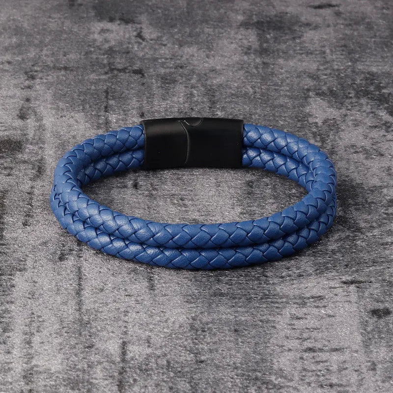 Vintage Style Simple Style Geometric Pu Leather Titanium Steel Woven Chain Wrap Bracelets Wholesale
