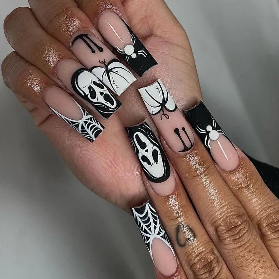 24 pcs/box Wholesale White Spider Skull Patterned Nails Halloween Press on Nail