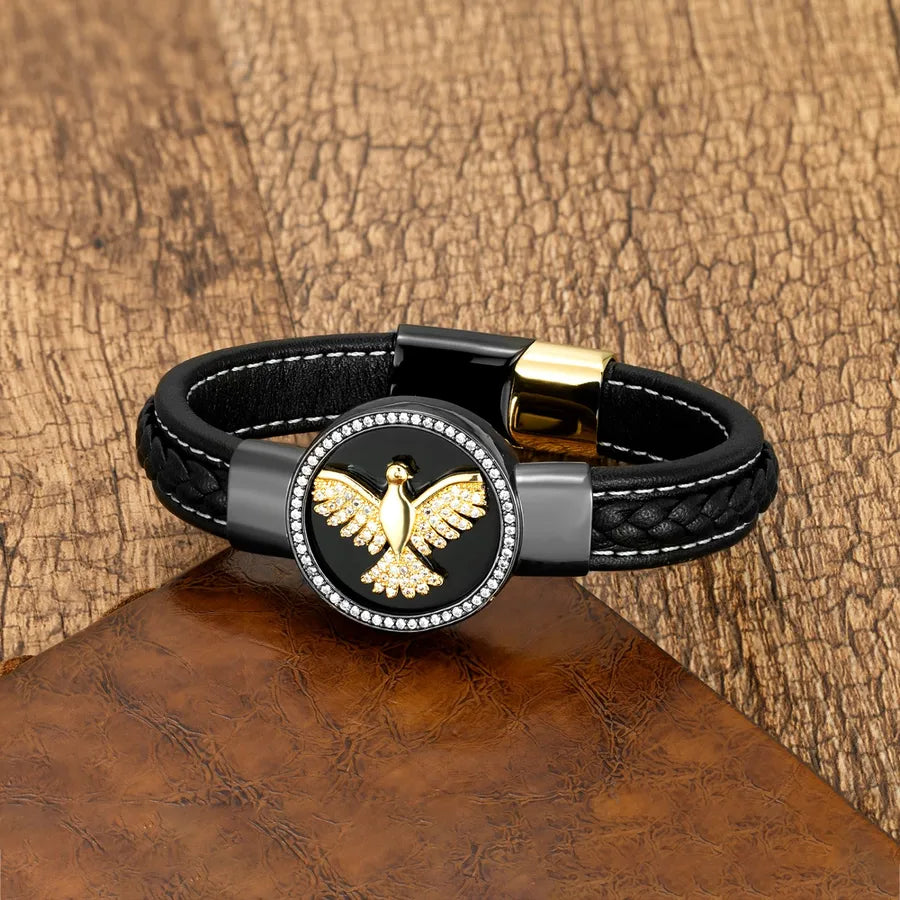 luxurious punk animal stainless steel pu leather copper plating inlay natural stone zircon men's bracelets