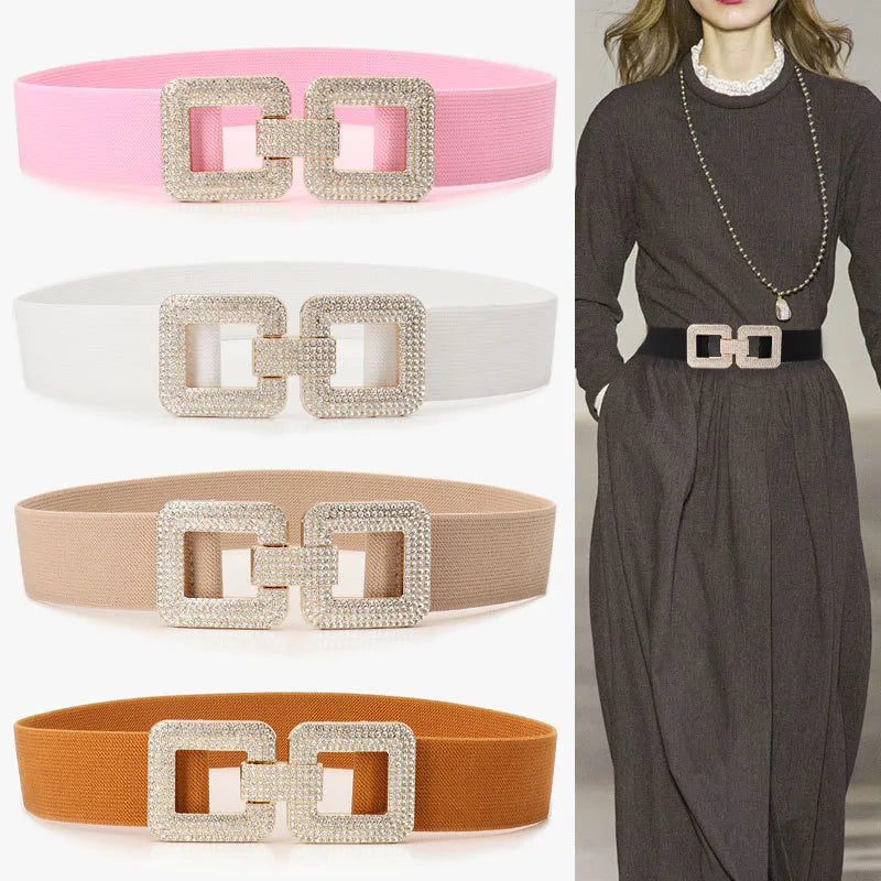 Basic Solid Color Imitation Leather Alloy Diamond Women's Leather Belts