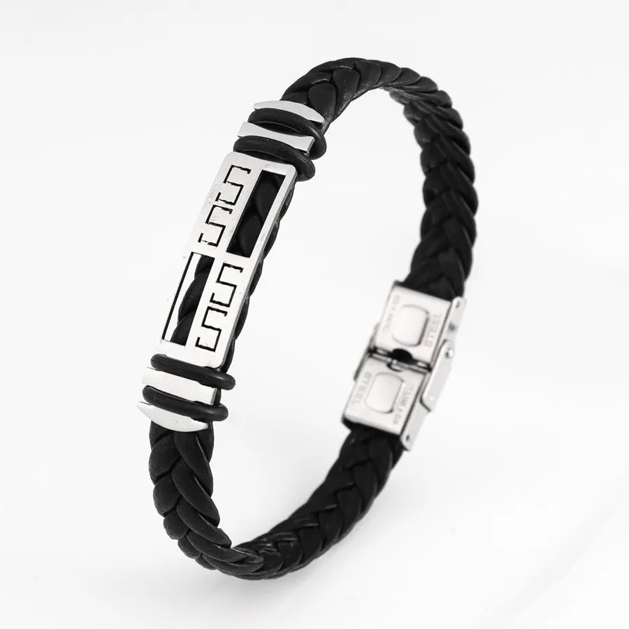 Retro Punk Solid Color 304 Stainless Steel Pu Leather Plating Men's Bangle Men Cord & Leather Bracelets