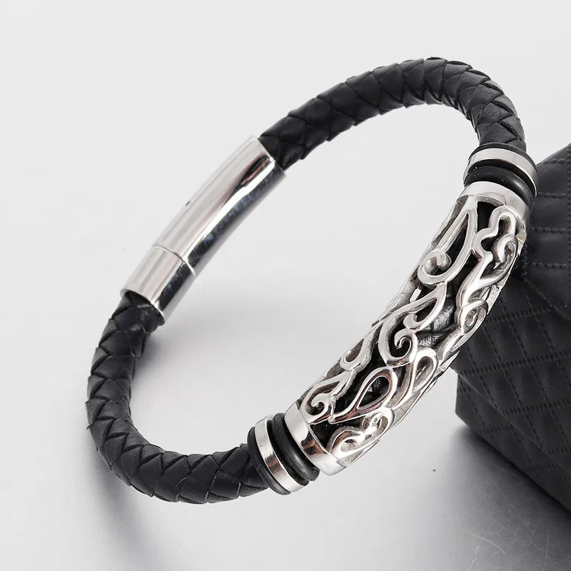 Vintage Style Classic Style Geometric Pu Leather Titanium Steel Woven Chain Wrap Bracelets Wholesale