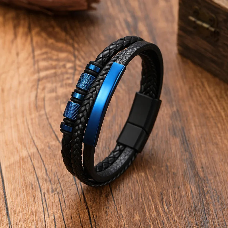Punk Solid Color Pu Leather Titanium Steel Plating Men's Bangle Men Cord & Leather Bracelets