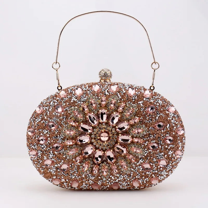red green blue pu leather polyester flower rhinestone oval evening bags