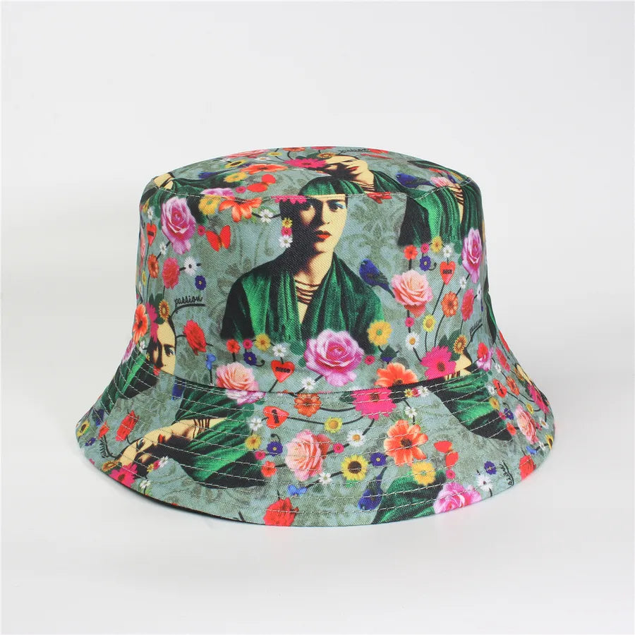 Double-Sided Fisherman Hat Women's Floral Print Sunshade Leaf Animal Cartoon Bucket Cap Spring Summer Elegant Casual Style