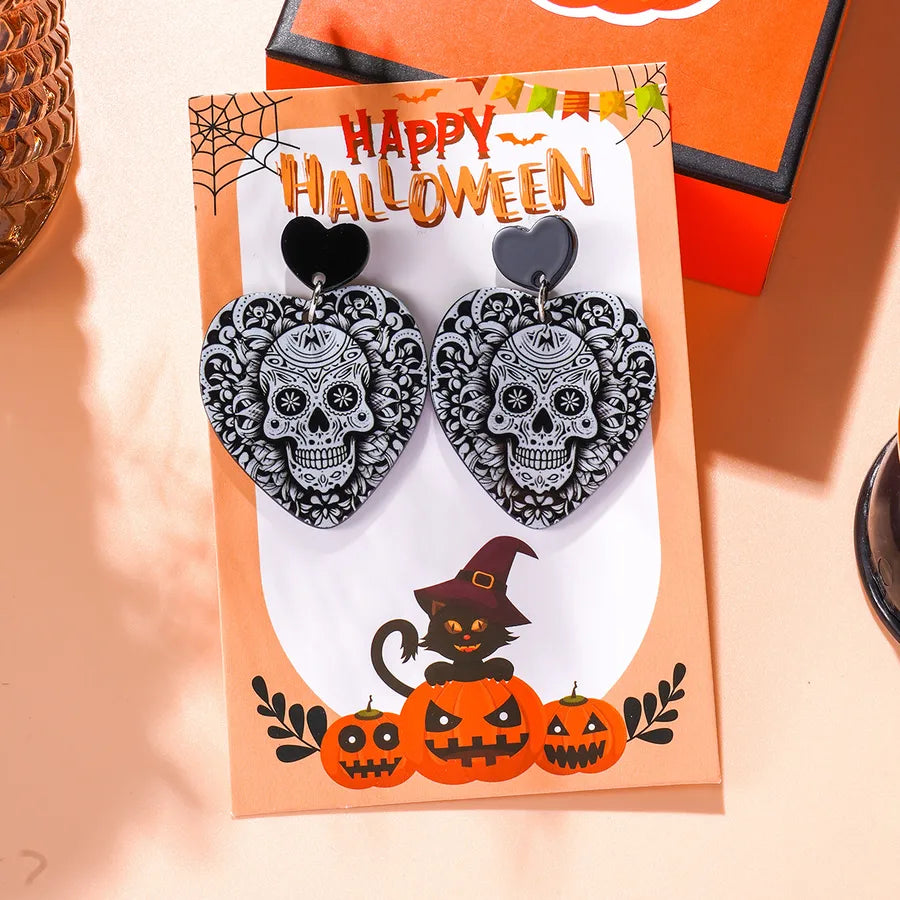 Creative Acrylic Skeleton Head Earrings Set For Women Halloween Theme Personalized Fashion Jewelry Love Shape Card Included
