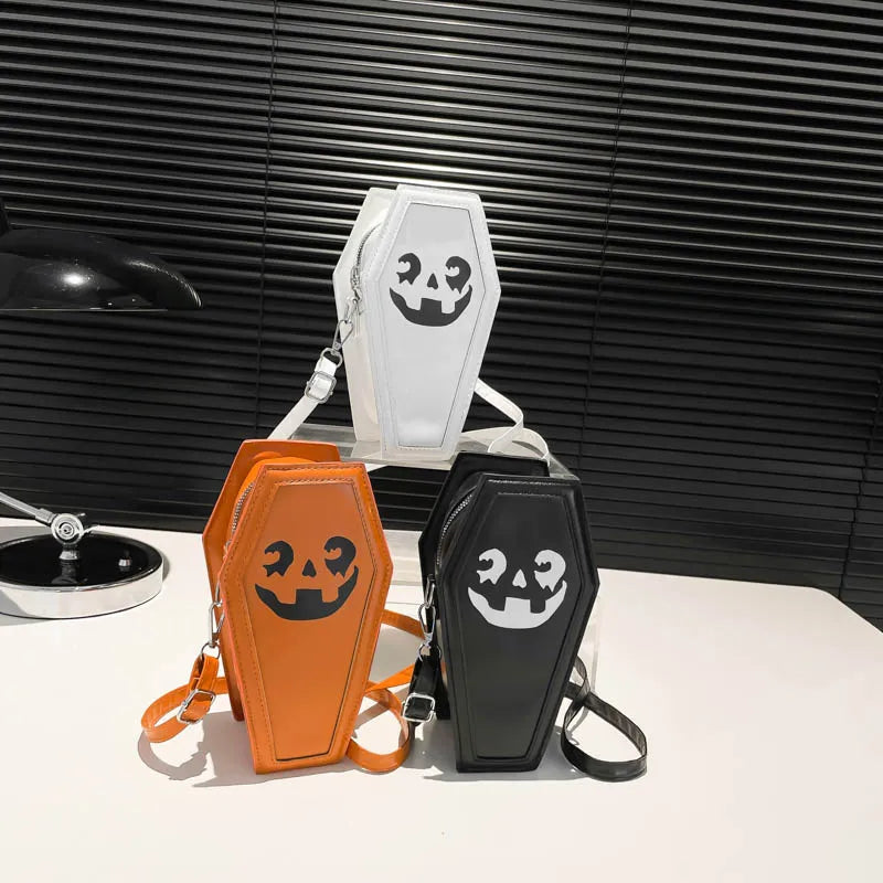 Creative Ghost Print Halloween Women's Bag Single Shoulder Casket Shape Fashionable Pumpkin Patterned Square PU Handbag