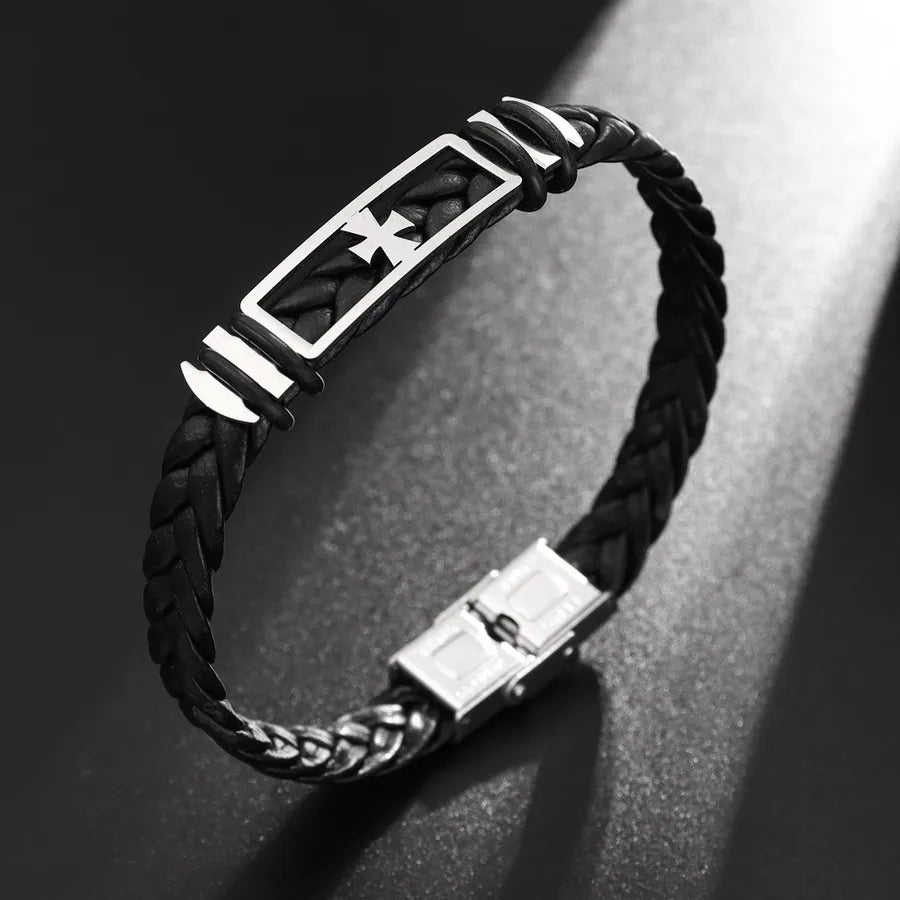 Retro Punk Solid Color 304 Stainless Steel Pu Leather Plating Men's Bangle Men Cord & Leather Bracelets