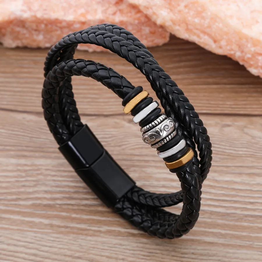 Vintage alloy buckle leather bracelet  ethnic style multi-layer woven leather rope bracelet  men's bracelet