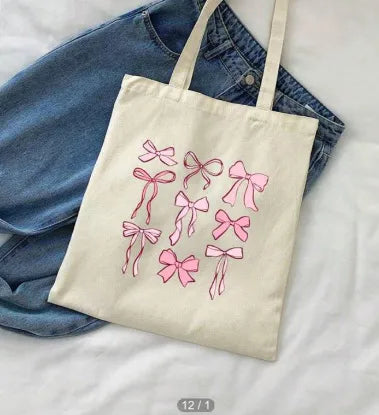 Student Cute Butterfly Knot Printed Canvas Bag Single Shoulder Foldable Shopping Handbag Ladies Tote Bag